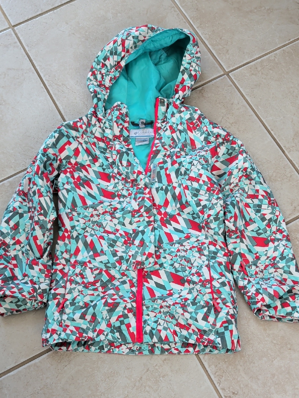 Columbia Girls Size 8 Turquoise, Red & White Geometric Hooded Light Jacket